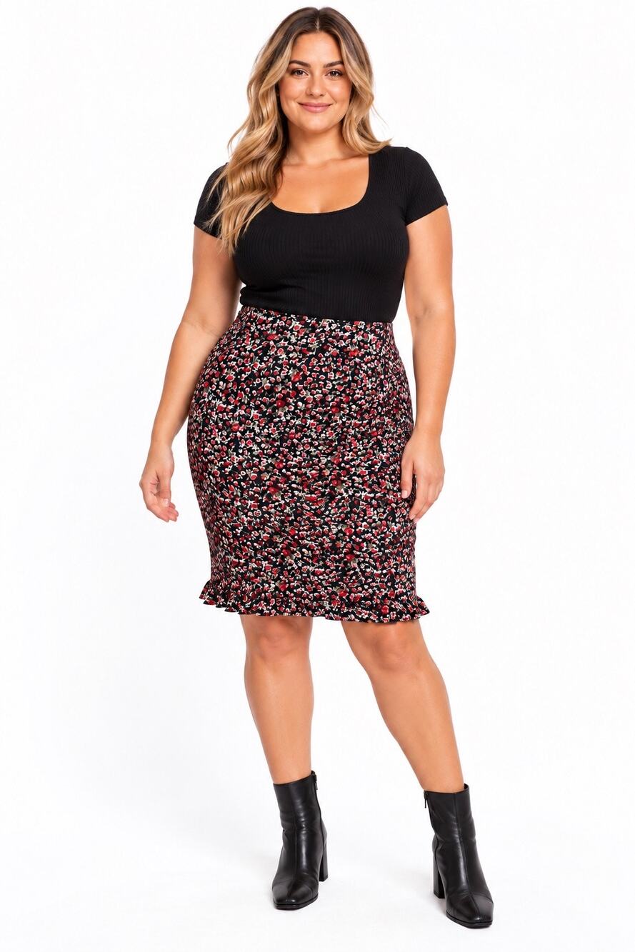 Vintage ‘90s Nia Black Floral Print Ruffle Hem Below the Knee Skirt